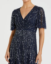 Navy Beaded Wrap Over Butterfly Sleeve Dress